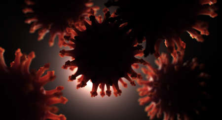 A microscopic close up view of backlit airborne coronavirus particles with glowing red edges - 3D renderの写真素材