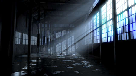 An empty and abandoned factory interior in the nighttime with bright late evening moon rays...