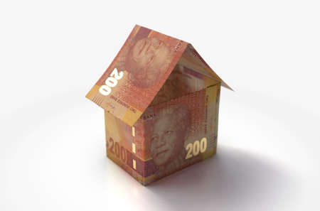 A concept of south africa rand bank notes folded into the shape of a simple house on an isolated background - 3D renderの写真素材