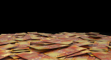 A close-up view of a scattered pile of South African Rand banknotes - 3D render