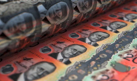 A concept image showing a sheet of new Australian dollar notes going through a roller in its final phase of a print run - 3D renderの写真素材
