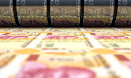 A concept image showing a sheet of new indian rupee notes going through a roller in its final phase...