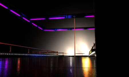 An empty strip club dancing stage with a pole and brass railings and fluorescent lights lit by spotlights on a dark background - 3D renderの写真素材