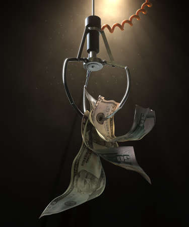 A robotic claw from an arcade type game gripping a wad of creased US dollar banknotes on a dark moody background - 3D renderの写真素材