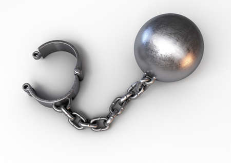 A heavy metal ball and chain with an opened shackle on an isolated studio background - 3D render