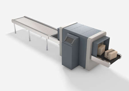 A series of cardboard boxes on a rubber conveyor going through a cutoms x-ray cargo scanner on an isolated background - 3D renderの写真素材