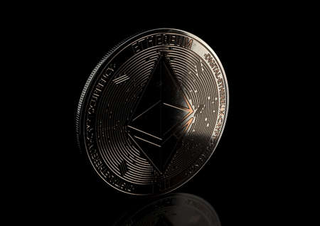 A dimly lit physical Ethereum cryptocurrency in bronze and silver coin form on a dark studio...