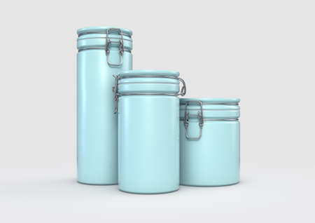 A collection of blue ceramic kitchen storage containers with wire closing mechanisms on an isolated white studio background - 3D renderの写真素材