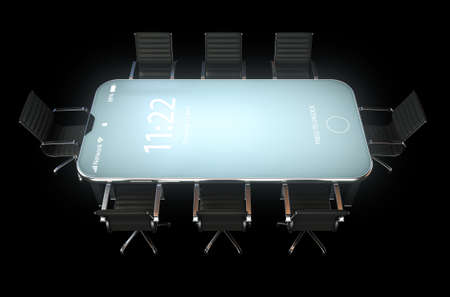 A modern concept showing an array of boardroom office chairs convened for a meeting around an illuminated  smartphone mobile table - 3D renderの写真素材