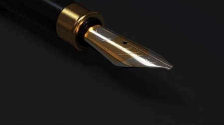 An ornate modern fountain pen crafted with wood and gold on a dark textured paper surface - 3D...