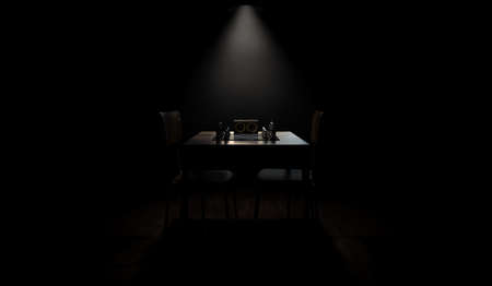 A chess game setup on a table with opposing chairs in a dark room lit by a single overhead light - 3D renderの写真素材
