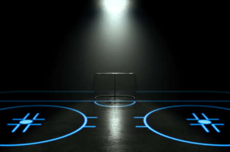 A concept showing a goal on a reflective concrete ice hockey field with illuminated blue lines backlit by a single honeycomb spotlight - 3D renderの写真素材