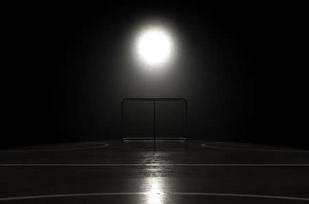 A concept showing a goal on a reflective concrete lined ice hockey field backlit by a single honeycomb spotlight - 3D renderの写真素材