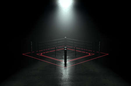 A concept showing a boxing ring on a reflective concrete pitch with illuminated red lines backlit by a single honeycomb spotlight - 3D renderの写真素材