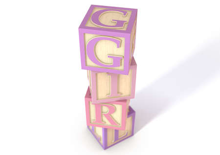 A stack of wooden toy letter blocks in shades of pink set up to spell out the word girl on an isolated white studio background - 3D renderの写真素材