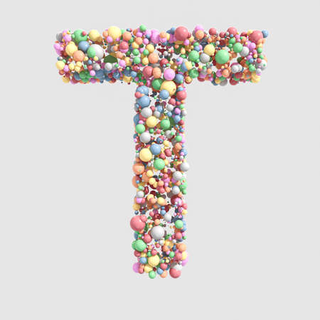 A concept letter T made up of a collection of round pastel colorful sweets on an isolated background - 3D renderの写真素材