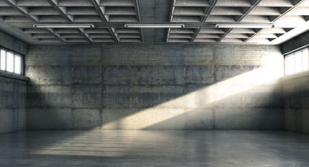 An interior of an empty industrial room made mostly of concrete with a row of small windows on either side letting in morning light - 3D renderの写真素材