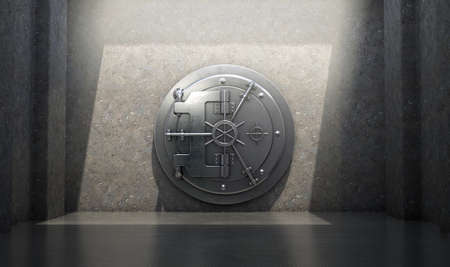 A concept of a closed heavy metal walk in bank vault ina concret chamber spotlit by an overhead light - 3D renderの写真素材