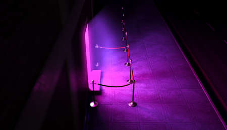 An evening scene outside a nightclub entrance emitting a pink light and an empty queue demarcated...