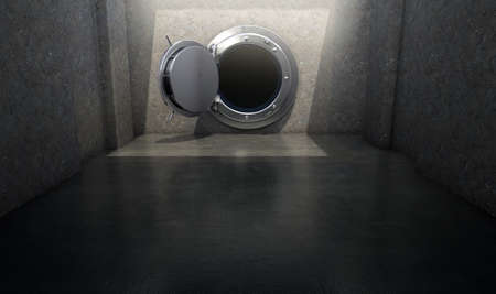 A concept of an open heavy metal walk in bank vault ina concret chamber spotlit by an overhead light...