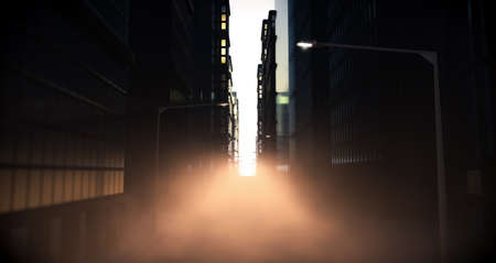 A look directly down a city street flanked with skyscrapers and lamp posts illuminated by a morning sun and dramatic fog in the distance - 3D renderの写真素材