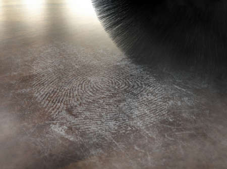 A crime scene brush dusting talcum powder revealing and a fingerprint mark on a wooden surface - 3D renderの写真素材