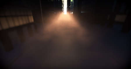 A look directly down a city street flanked with skyscrapers and lamp posts illuminated by a morning...