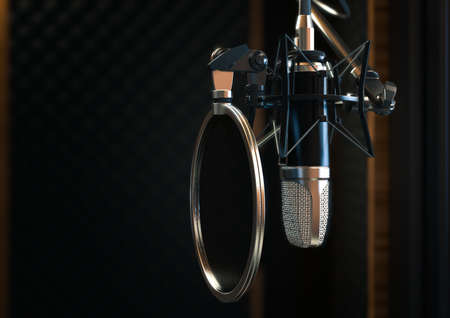 A condenser microphone dimly lit in a wooden sound studio with sound proofed walls - 3D renderの写真素材