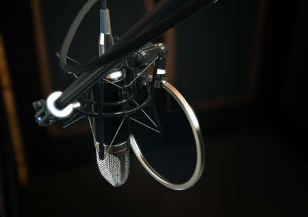 A condenser microphone dimly lit in a wooden sound studio with sound proofed walls - 3D renderの写真素材