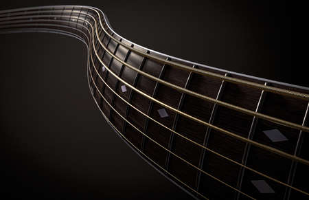 A surreal concept of a wavey shaped closeup of a dark wooden guitar neck fretboard and strings in...