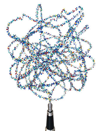 A concept of a fountain pen emitting colorful polk dots in a continous stream on a white background...