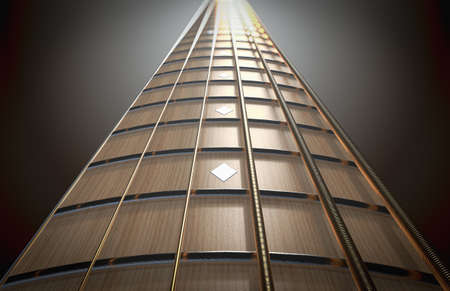 A concept of a closeup of a light wooden guitar neck fretboard and strings in perspective - 3D...