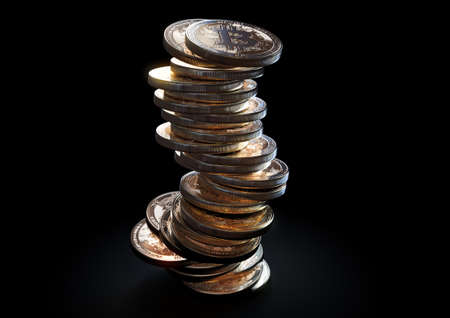 A crumbling and falling stack of gold physical bitcoin coins on a dark background - 3D renderの写真素材