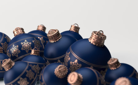 A collection of navy blue christmas baubles decorated with fine ornate snowflake patterns in copper on an isolated white background - 3D renderの写真素材