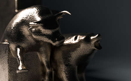 Bull and bear statuettes made of copper representing upward and downward trending economic graphs side by side on a dimly lit background - 3D renderの写真素材
