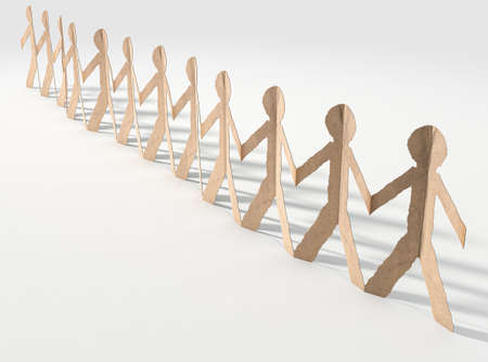 A row of brown cardboard cutout men on an isolated white studio background - 3D renderの写真素材