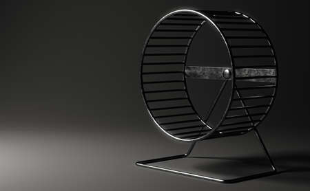 A close up of an empty metal hamster wheel on an isolated dark studio background - 3D render
