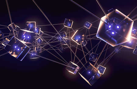 A network of interconnected blocks and lights depicting cryptocurrency blockchain data on a dark...