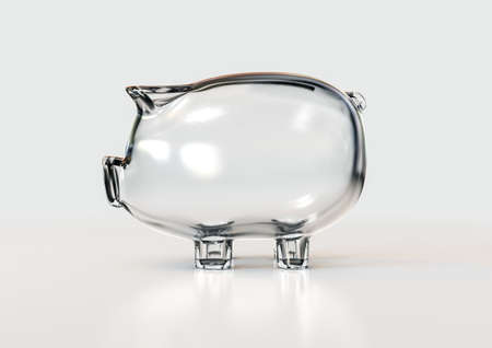 An empty transparent glass piggy bank on an isolated white background - 3D renderの写真素材