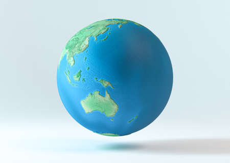 A stylized illustrated planet with height elevation floating above a studio background - 3D render