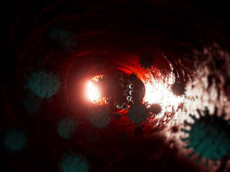 A concept showing coronavirus covid-19 particles inside a human organ vessel backlit by a bright light - 3D renderの写真素材