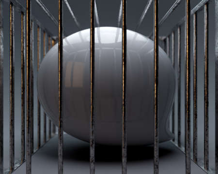 A concept showing a white reflective speech bubble imprisoned in a square steel cage depicting censorship on an isolated dark background - 3D renderの写真素材