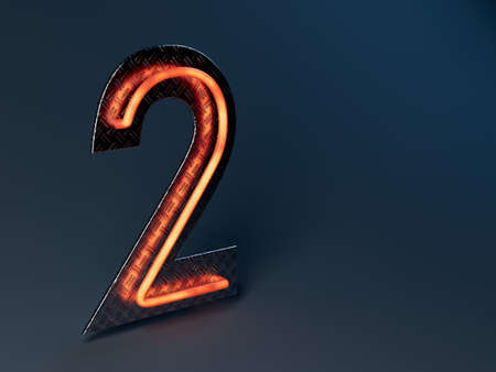 An illuminated orange number two mounted on a shiny metal treadplate backboard - 3D renderの写真素材