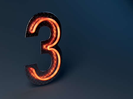 An illuminated orange number three mounted on a shiny metal treadplate backboard - 3D render
