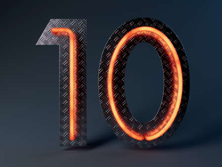 An illuminated orange number ten mounted on a shiny metal treadplate backboard - 3D render