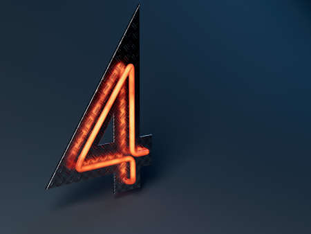 An illuminated orange number four mounted on a shiny metal treadplate backboard - 3D render