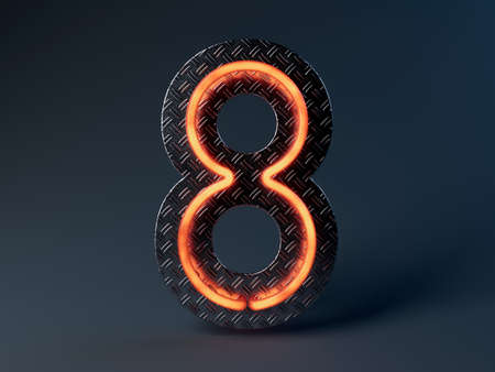 An illuminated orange number eight mounted on a shiny metal treadplate backboard - 3D renderの写真素材