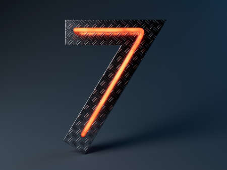 An illuminated orange number seven mounted on a shiny metal treadplate backboard - 3D render