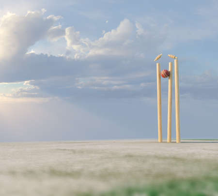 Wooden cricket wickets with dislodging bails on a day sky background - 3D renderの写真素材