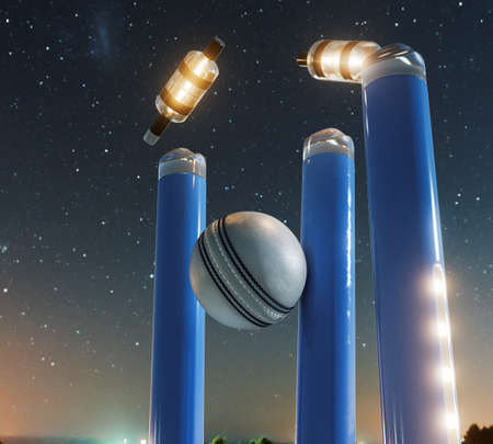 Blue electronic cricket wickets with dislodging bails and illuminating LED lights on a night sky background - 3D renderの写真素材